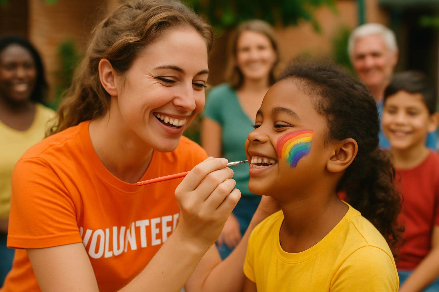 Volunteer painting a child's face in community